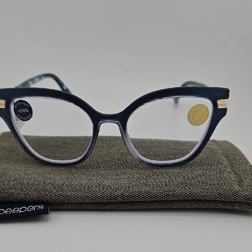 Peepers Marquee Navy/Marine Quartz +3.00 Blue Light Filtering +Spring Hinge NEW